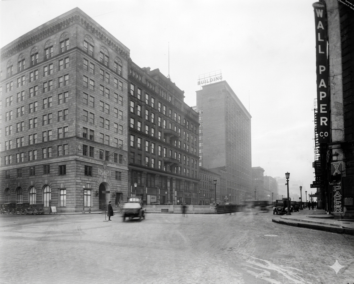 The Brotherhood of Railroad Trainmen Building (left) shares a block with two other historic downtown Cleveland buildings.